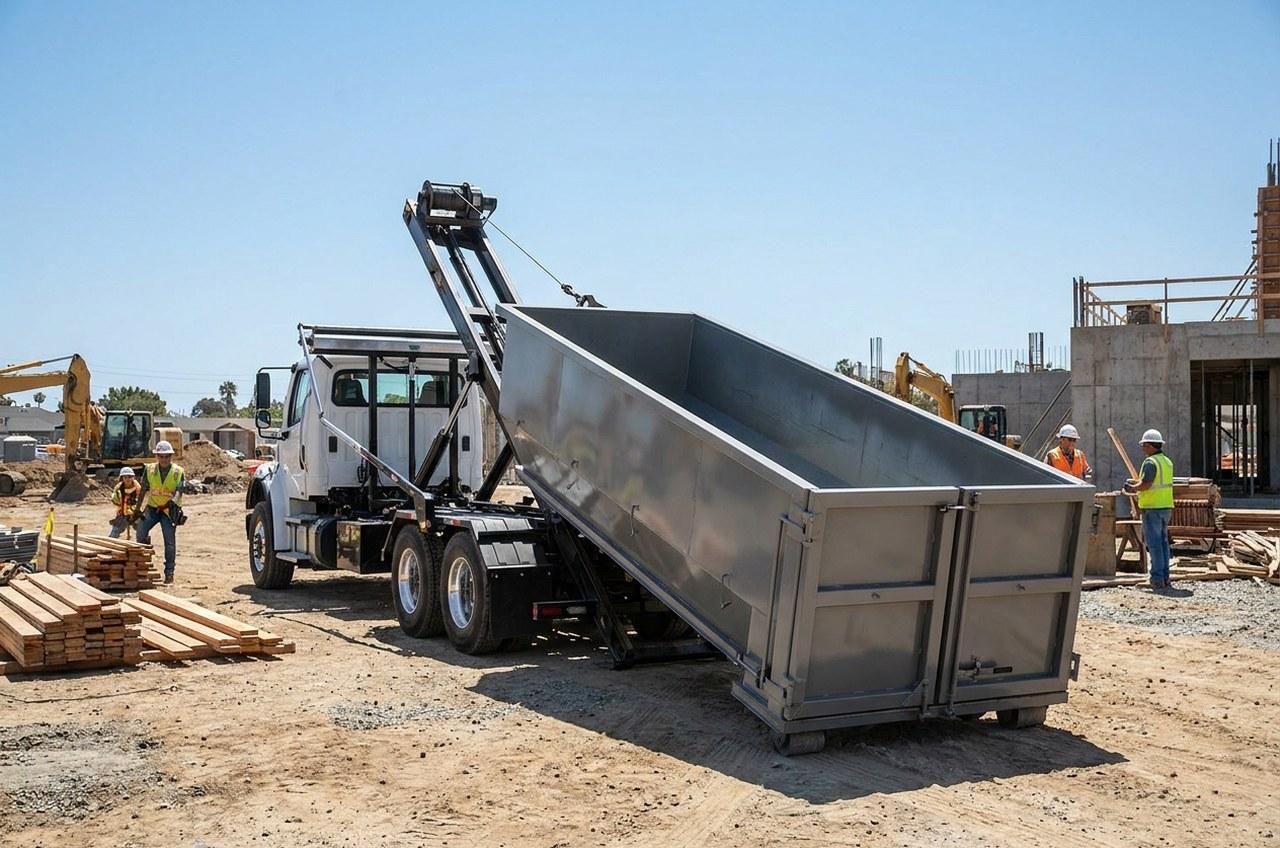 Roll-off truck winching an open-top roll-off container onto its hoist rails at a construction site